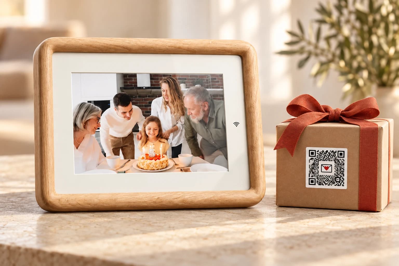 Un Memory Frame de fusta amb una foto familiar al costat d’un regal amb llaç i una etiqueta Gift QR il·lustrativa.